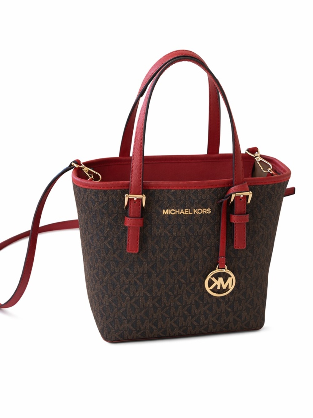Michael Kors Jet Set Brown Red Signature Tote Crossbody Bag Gold Hardware logo - Picture 2 of 11